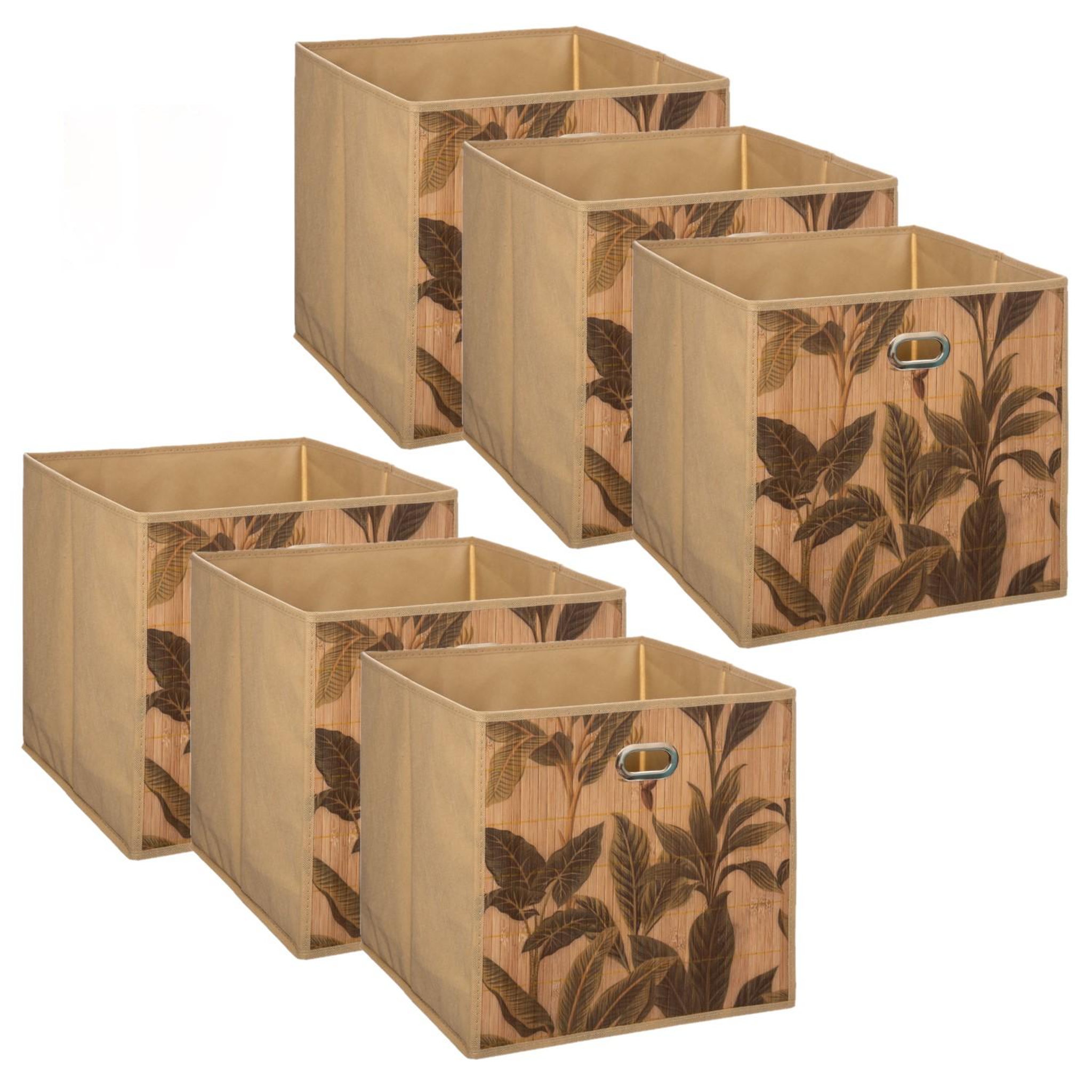 TOILINUX Lot de 6 boîtes de rangement imprimé tropical en bambou et tissu - marron