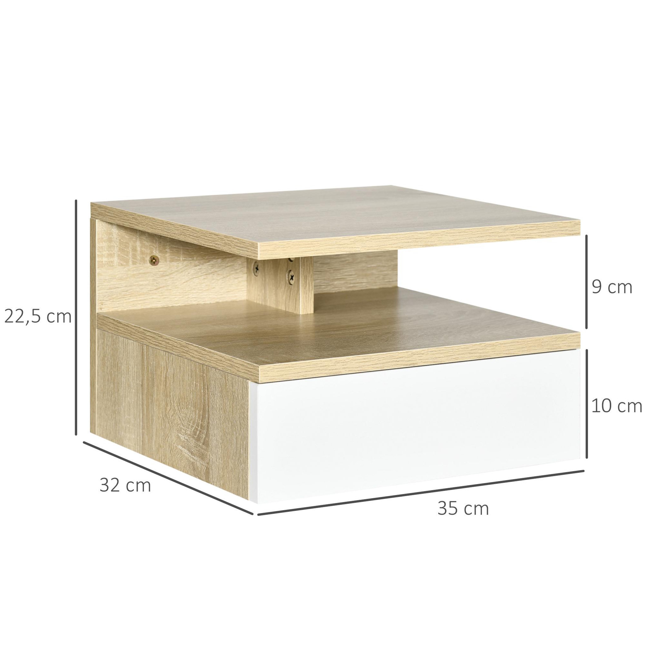 Voir la diapositive 3 : HOMCOM Lot de 2 tables de chevet murales - lot de 2 tables de nuit - tiroir coulissant, niche et plateau - aspect chêne clair blanc