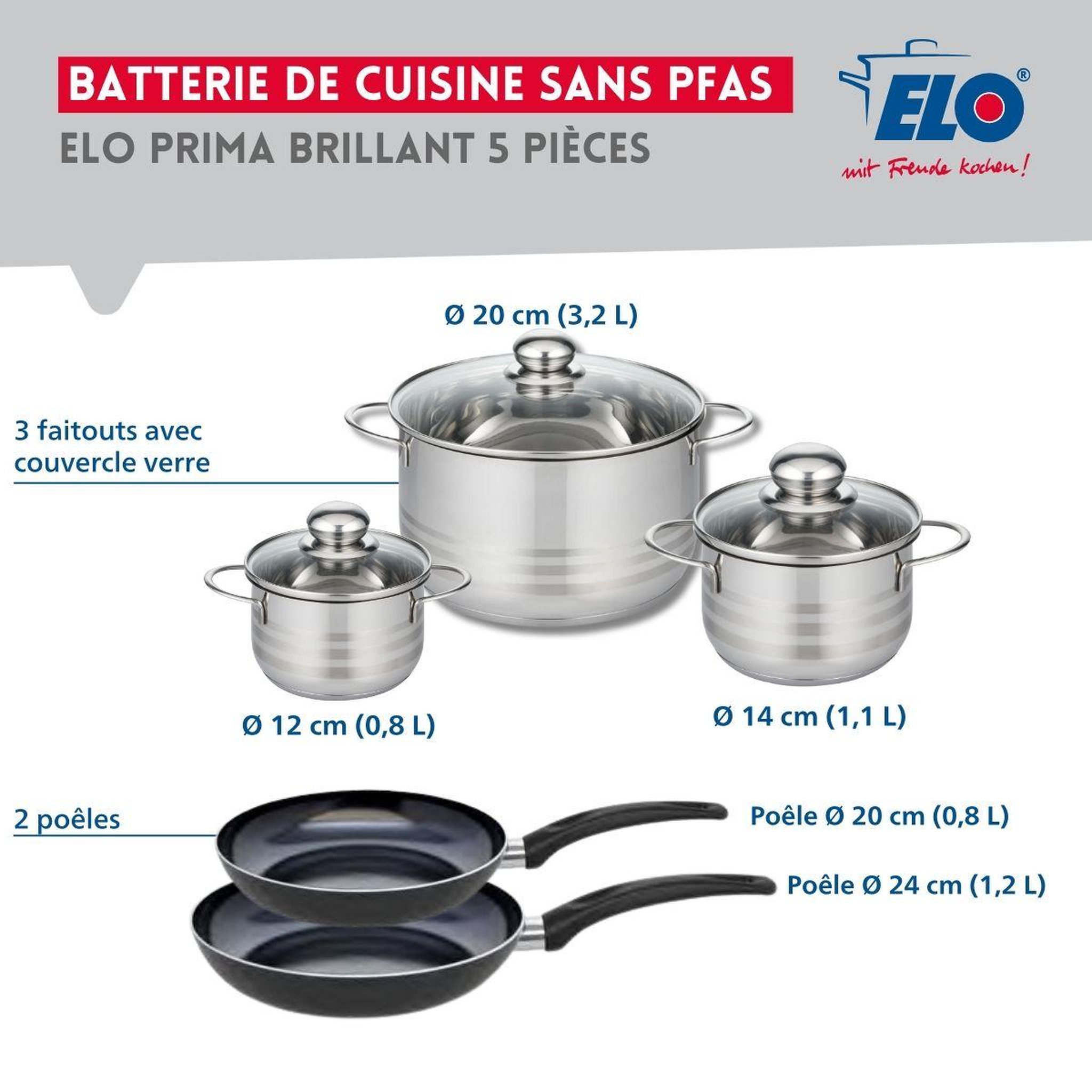 Voir la diapositive 2 : ELO Ensemble de 2 Poêles de cuisson 20 et 24 cm et 3 faitouts 12, 14 et 20 cm Elo Prima Brillant