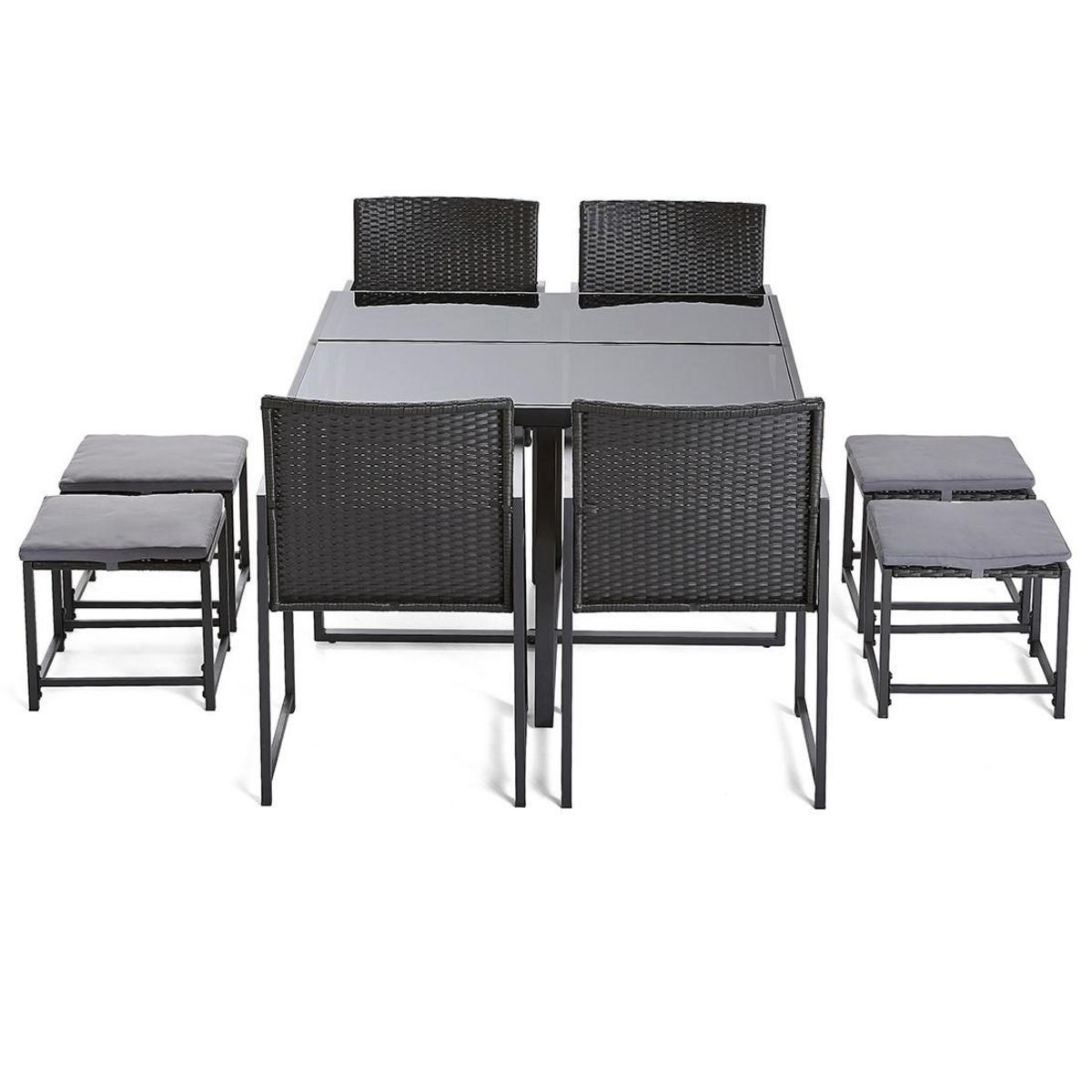 BEST MOBILIER Olaria – ensemble table et chaises de jardin en acier noir - 8 places - coussins gris