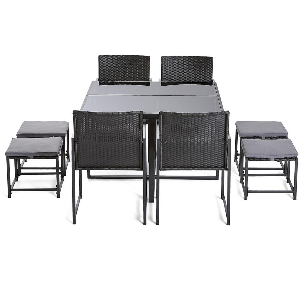BEST MOBILIER Olaria – ensemble table et chaises de jardin en acier noir - 8 places - coussins gris
