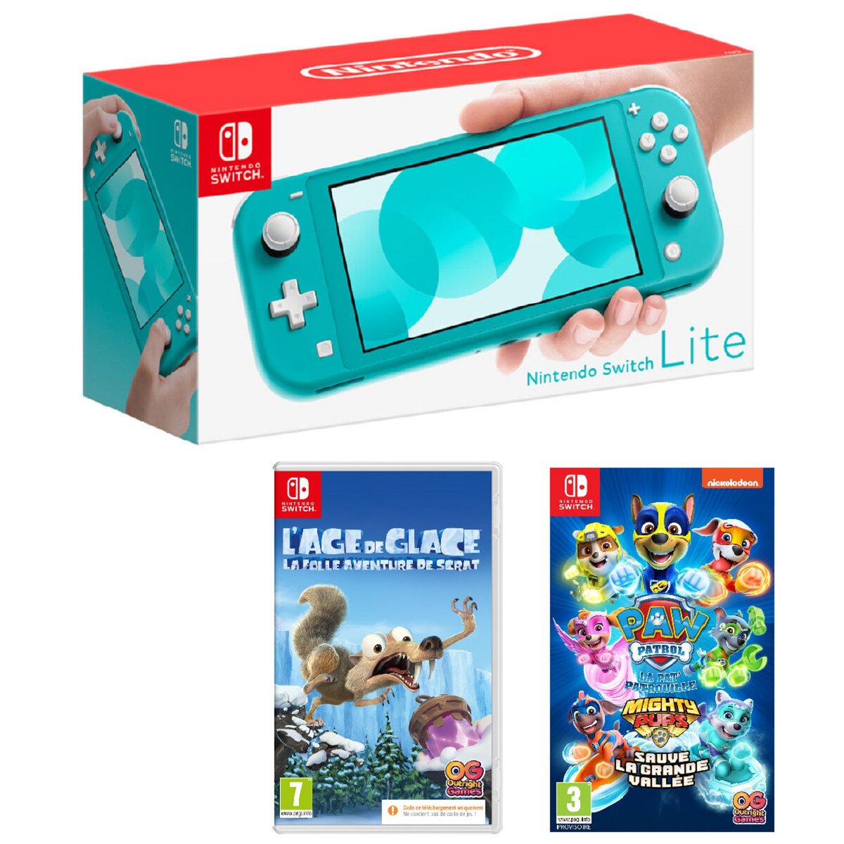 NINTENDO Console Nintendo Switch Lite Turquoise + L'âge de Glace : La folle Aventure de Scrat Code de téléchargement + Pat? Patrouille : La Super Patrouille Sauve la Grande Vallée code de téléchargement 