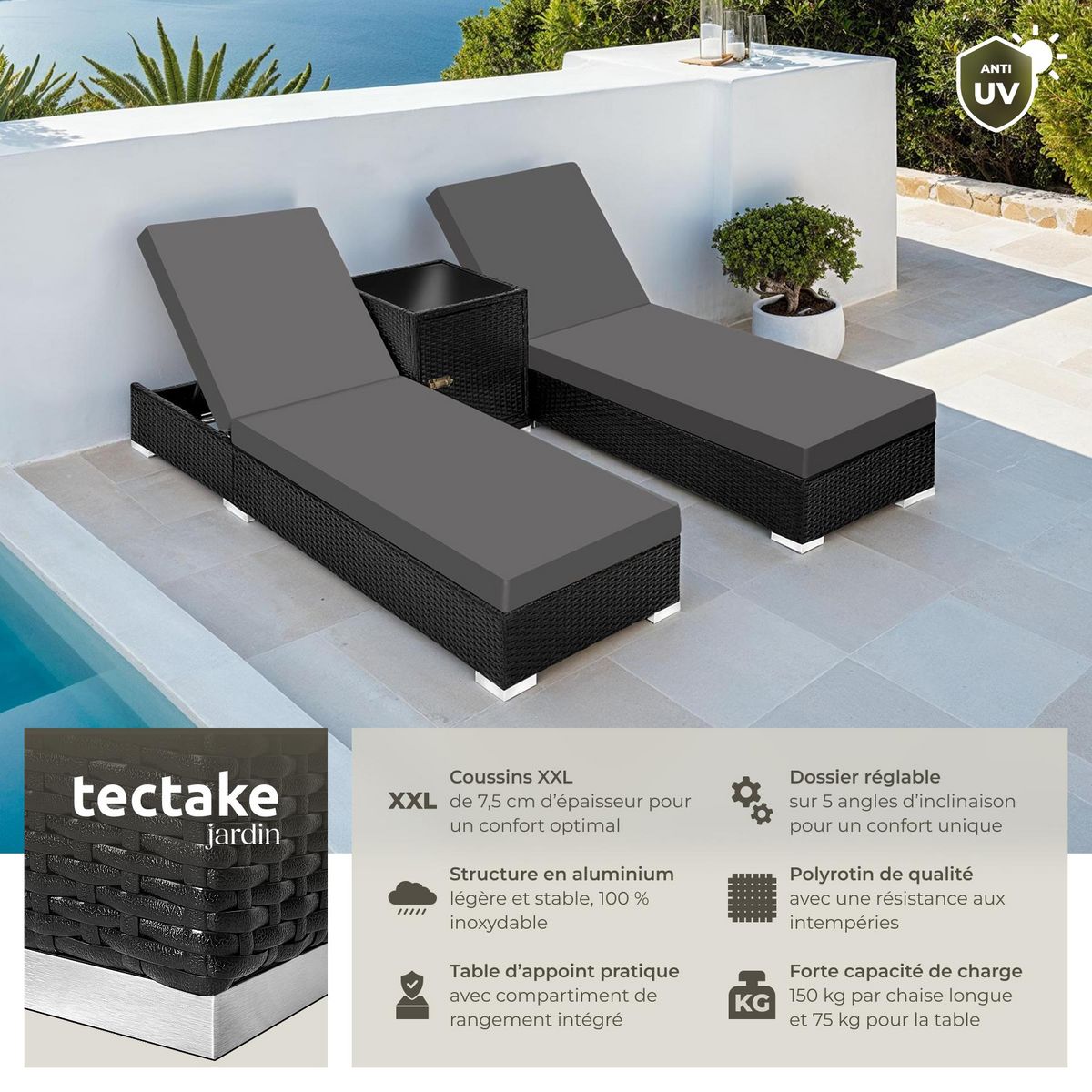 tectake Lot de 2 bains de soleil design luxueux avec cadre en aluminium noir