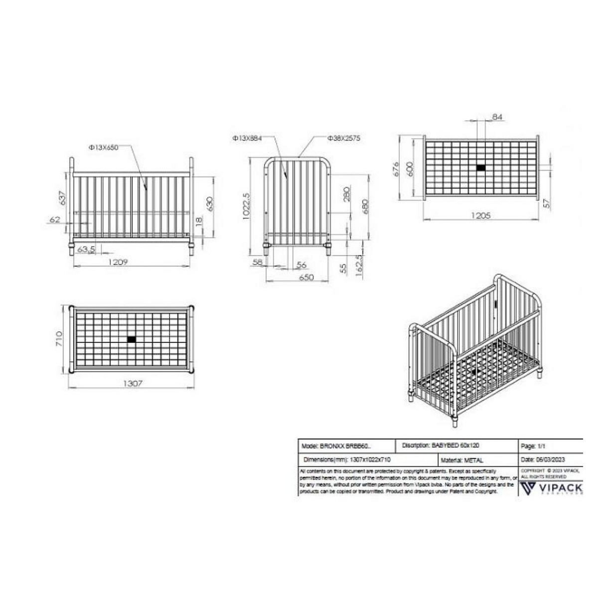 Paris Prix Lit Bébé  Bronxx  60x120cm Blanc Mat