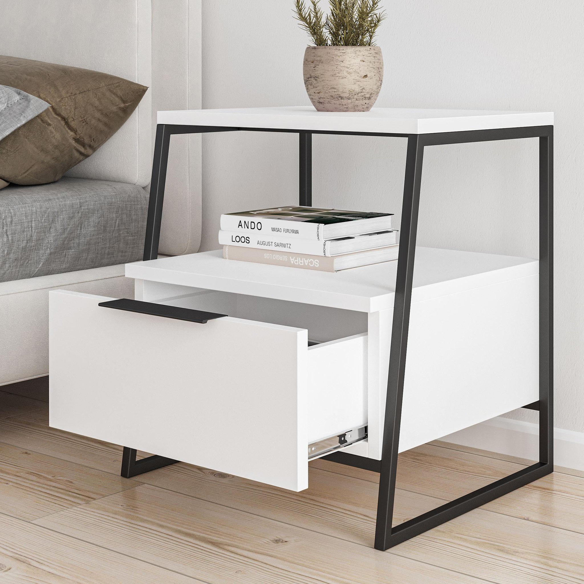 Voir la diapositive 3 : Habitat et Jardin Table de chevet en bois  pal  - 45 x 41 x 50 cm - blanc