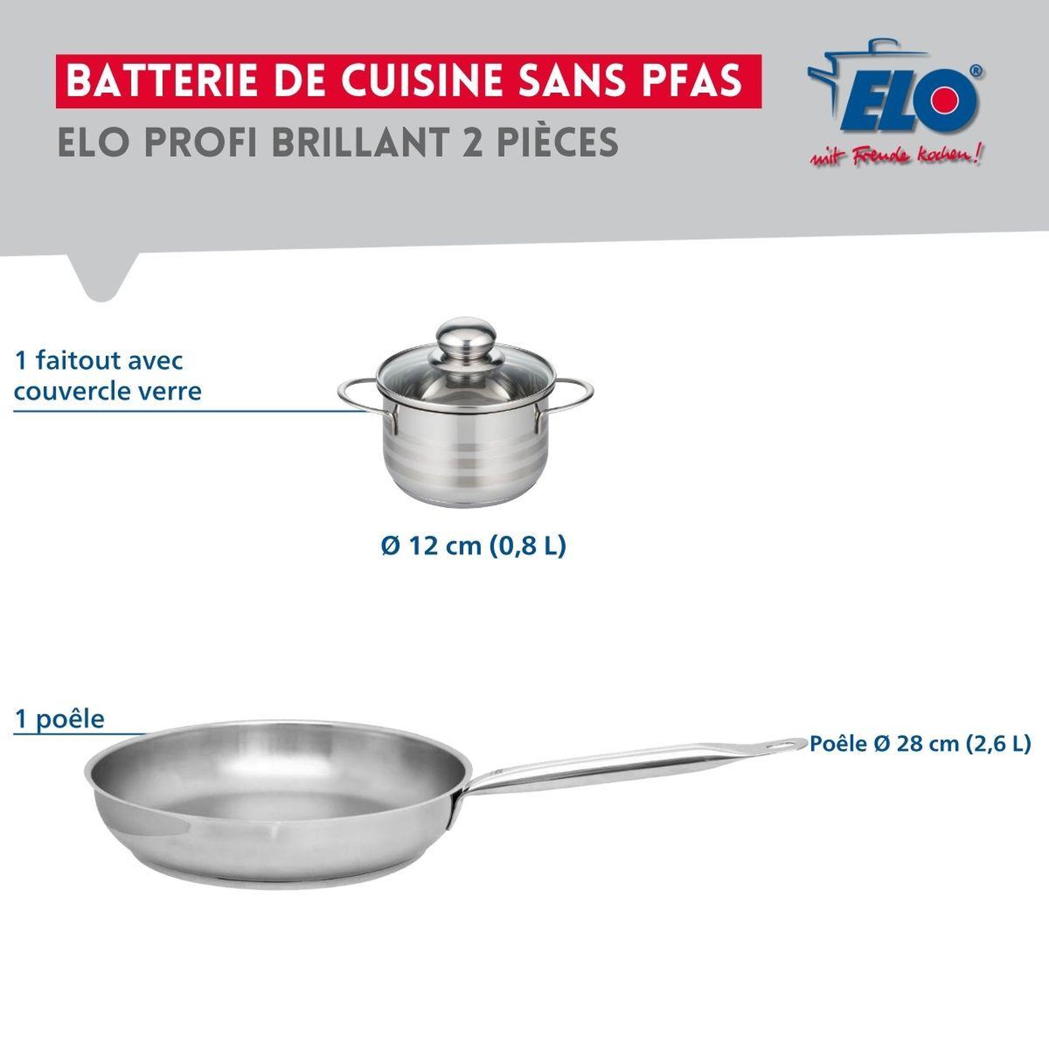 Voir la diapositive 2 : ELO Ensemble de 1 poêle de cuisson 28 cm et 1 faitout 12 cm elo profi brillant
