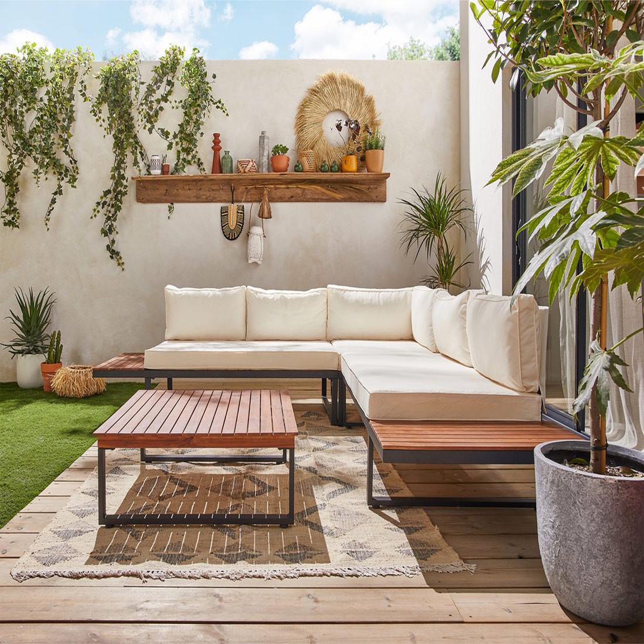 Voir la diapositive 6 : BEST MOBILIER Yulara - salon bas d'angle de jardin 5 places - bois, métal et coussins beiges