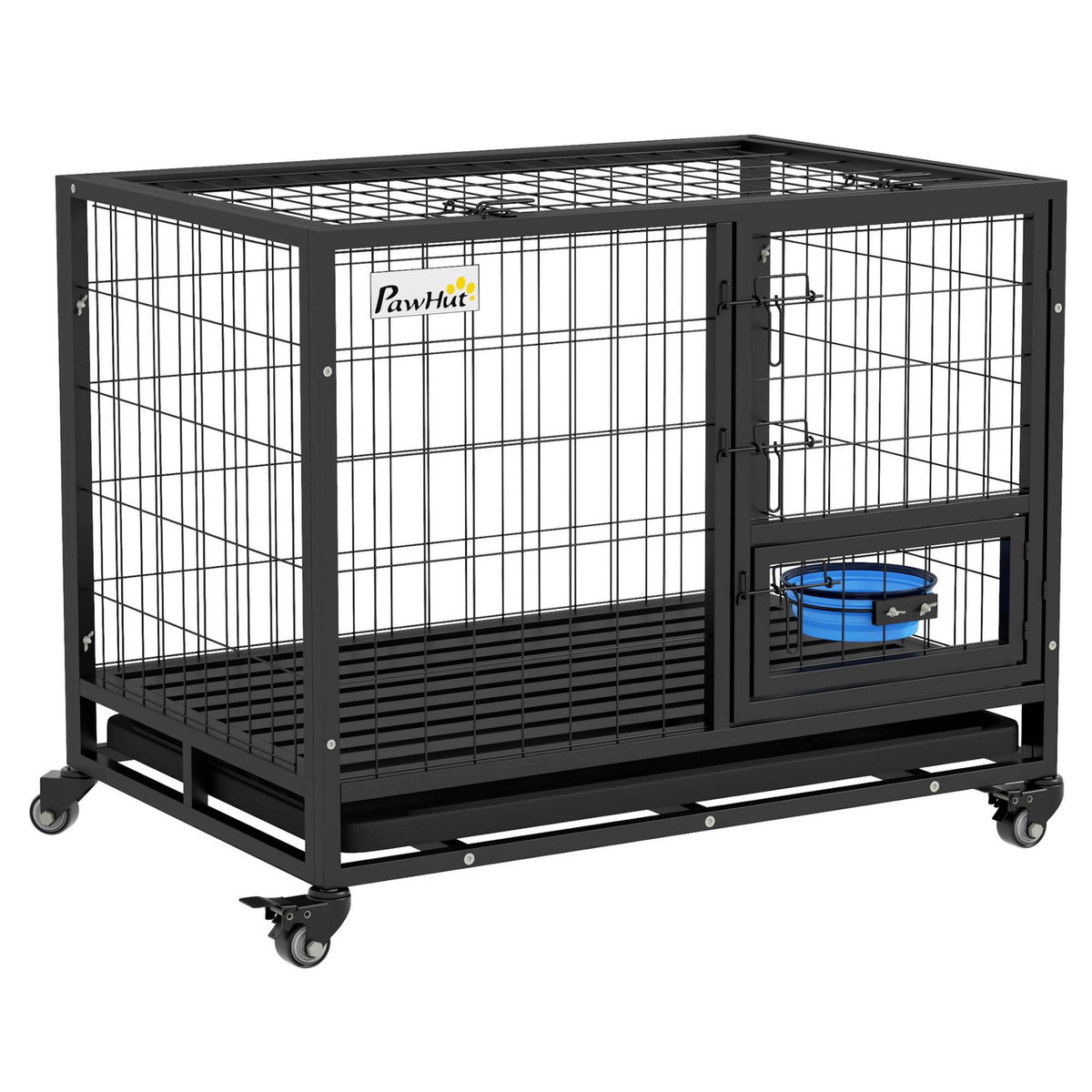 PAWHUT Cage pour chien sur roulettes 2 portes verrouillables - support gamelle, plateau amovible - acier noir