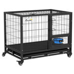 PAWHUT Cage pour chien sur roulettes 2 portes verrouillables - support gamelle, plateau amovible - acier noir