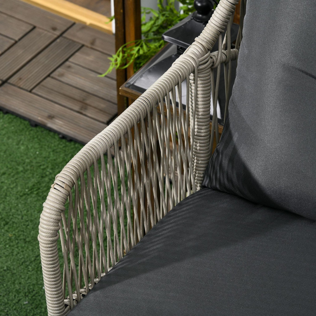 OUTSUNNY Ensemble salon de jardin 3 pièces style colonial 2 fauteuils coussins table basse acier époxy noir résine filaire gris