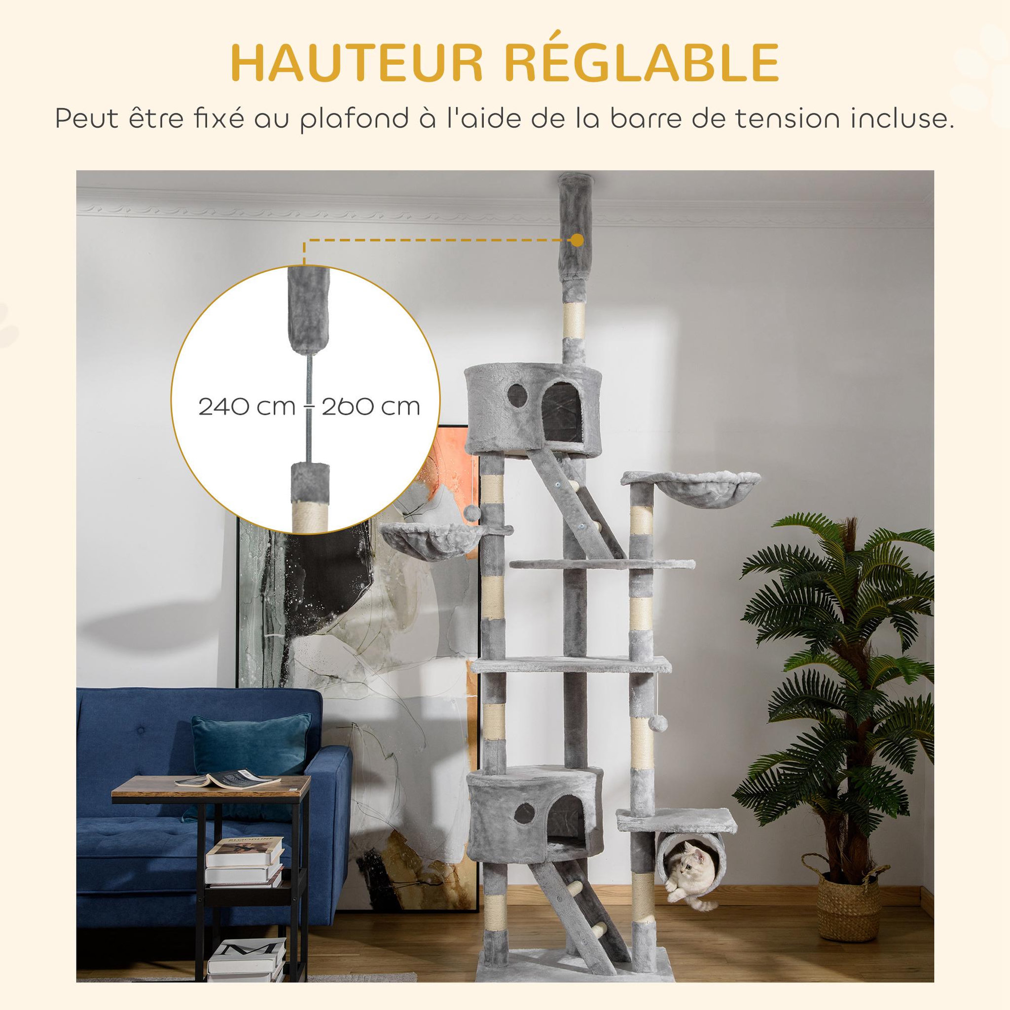 Voir la diapositive 4 : PAWHUT Arbre à chat design xxl réglable h.240-260 cm multi-équipement gris