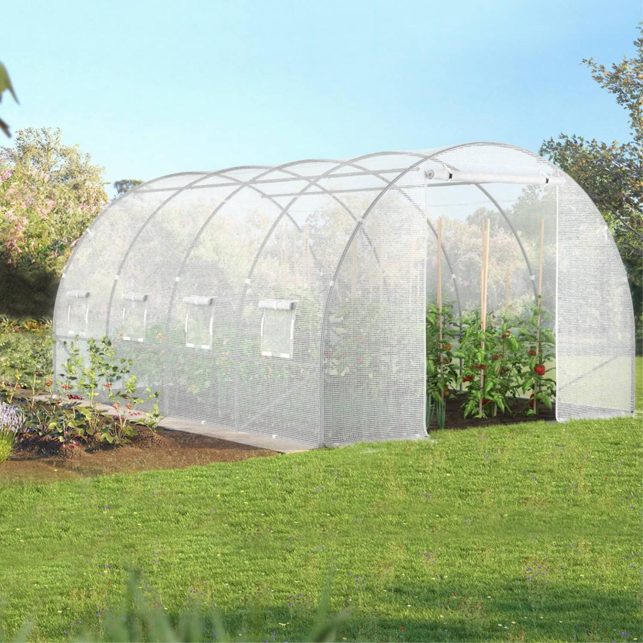 Voir la diapositive 2 : ID MARKET Bâche de rechange pour serre de jardin tunnel 12m² 4 x 3 x 2 m anti-uv avec porte et fenêtres zebra blanche