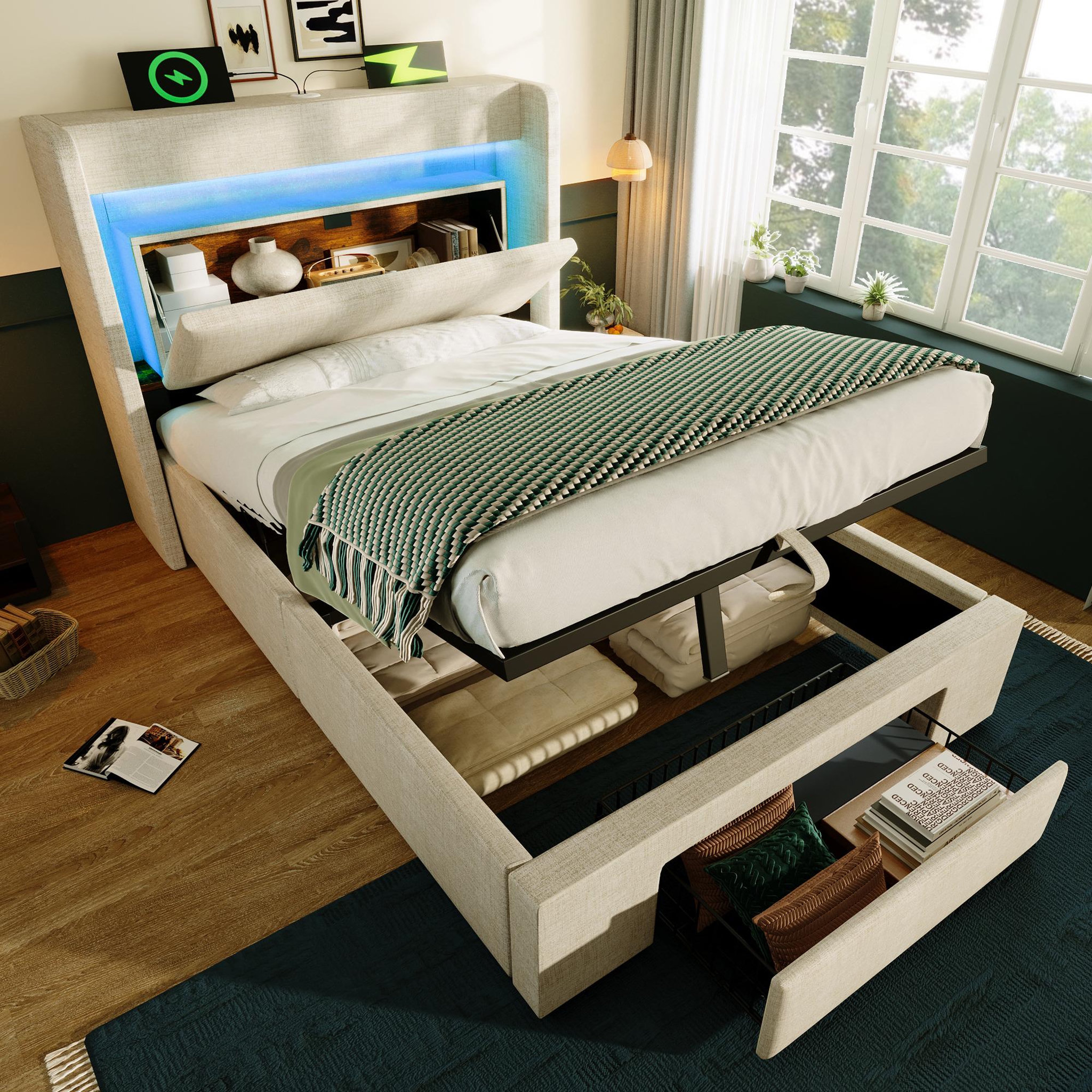 Voir la diapositive 2 : MERAX Lit coffre 90x200 cm en lin avec tête de lit rangement led usb usb-c et sommier à lattes