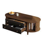 MERAX Table basse ovale noyer+noir avec 2 tiroirs - 50x100 cm panneau de particules