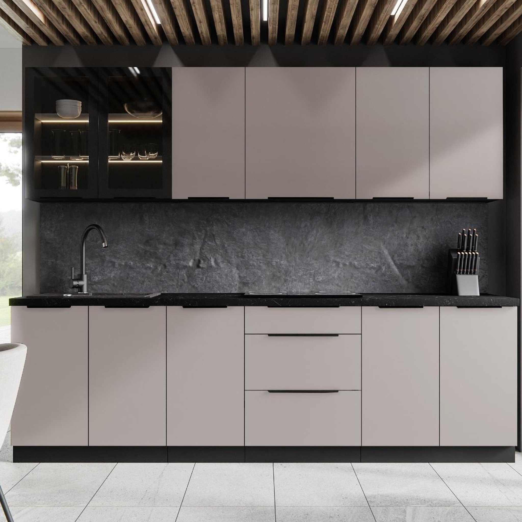 Voir la diapositive 2 : JLC KREATION Cuisine complète moderne beige 260cm MAO