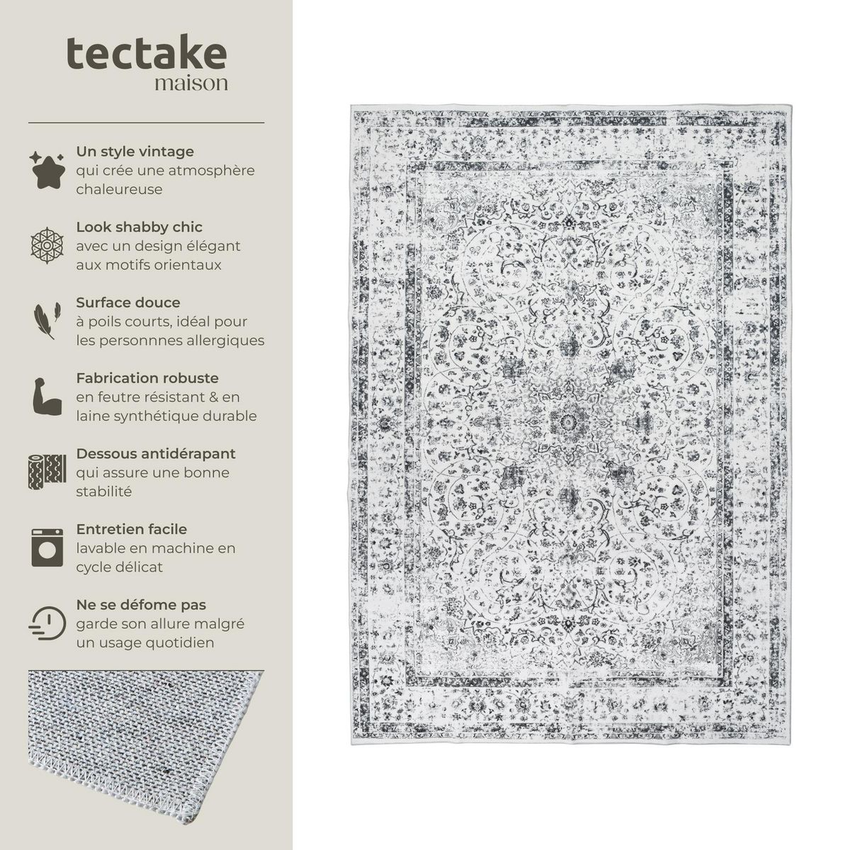 tectake Tapis design vintage à poils courts en laine synthétique et feutre gris 200 x 274 cm