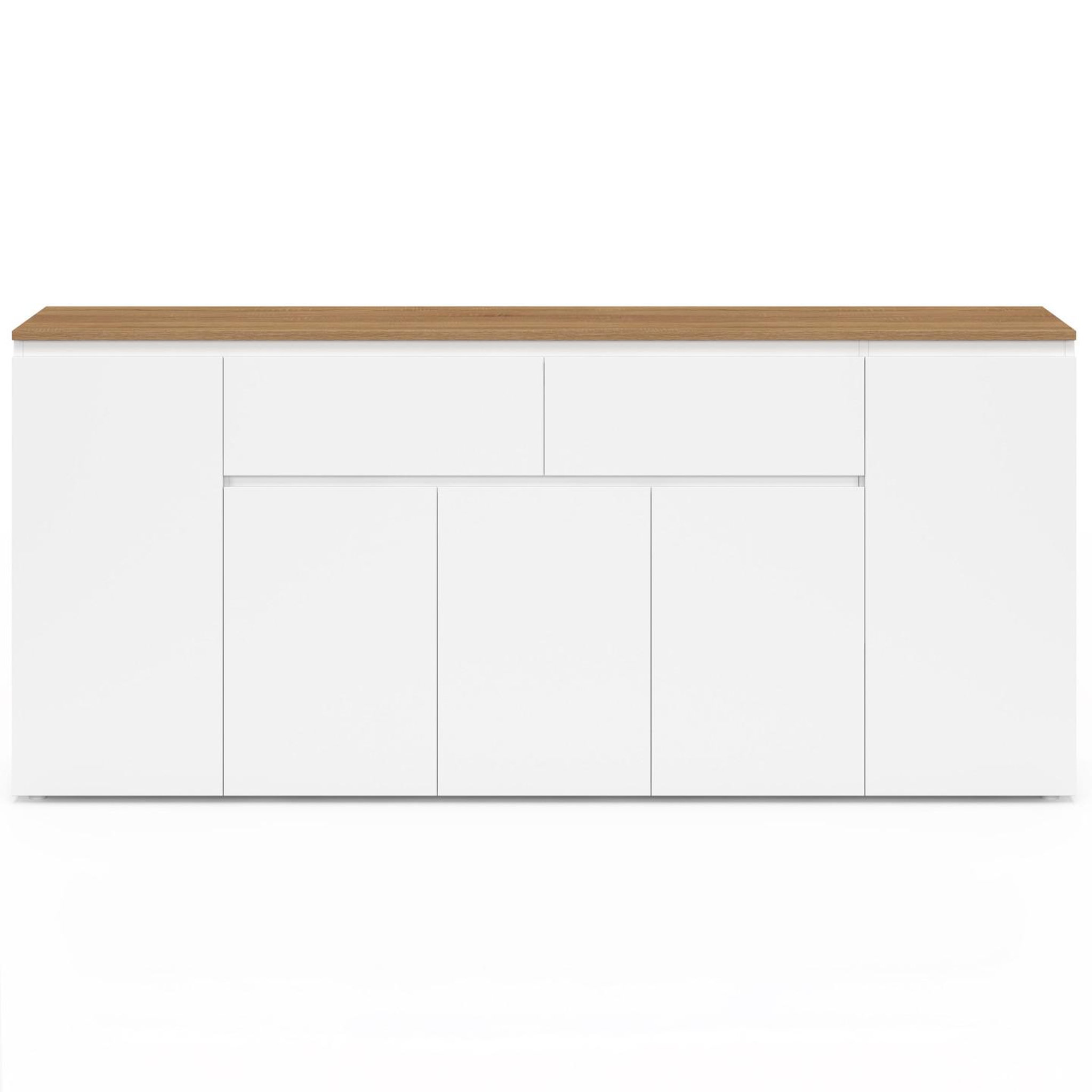 Voir la diapositive 3 : ID MARKET Buffet 180 cm TOBY 5 portes et 2 tiroirs blanc et plateau bois