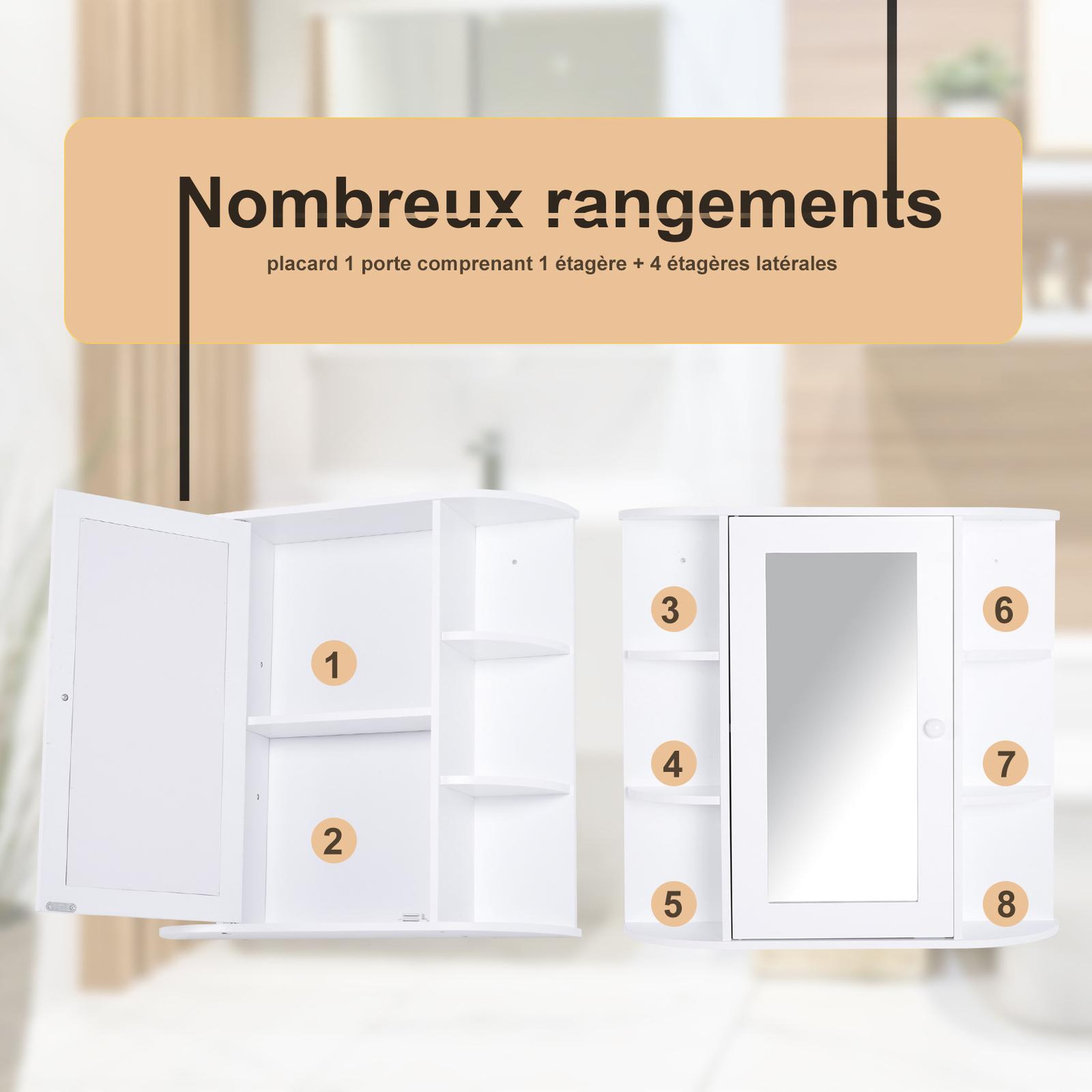 Voir la diapositive 4 : HOMCOM Armoire murale salle de bain armoire à glace placard de rangement toilettes 1 porte + étagères latérales mdf blanc