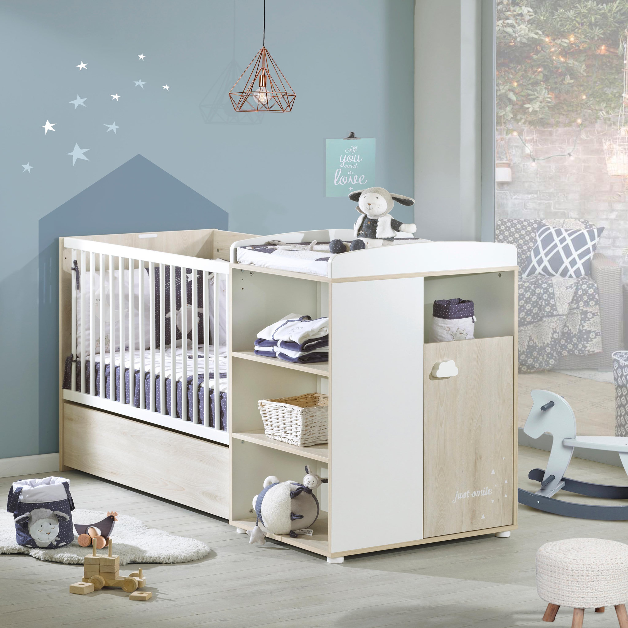 Voir la diapositive 1 : BABY PRICE Lit bébé combiné 120x60 cm évolutif en 90x190 cm SMILE Hêtre cendré