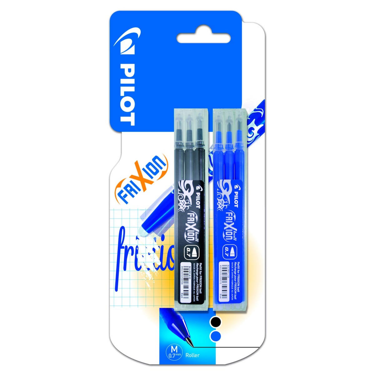 PILOT Lot de 2 étuis de 3 recharges pour roller effaçable FriXion Ball / Clicker - noir bleu - pointe moyenne