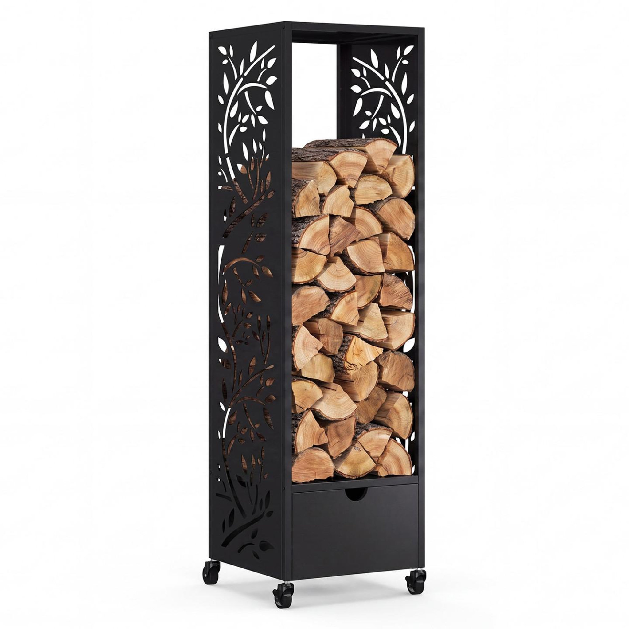 ID MARKET Range bûches vertical plein acier noir motif arbre h. 140 cm pour cheminée avec roulettes et tiroir