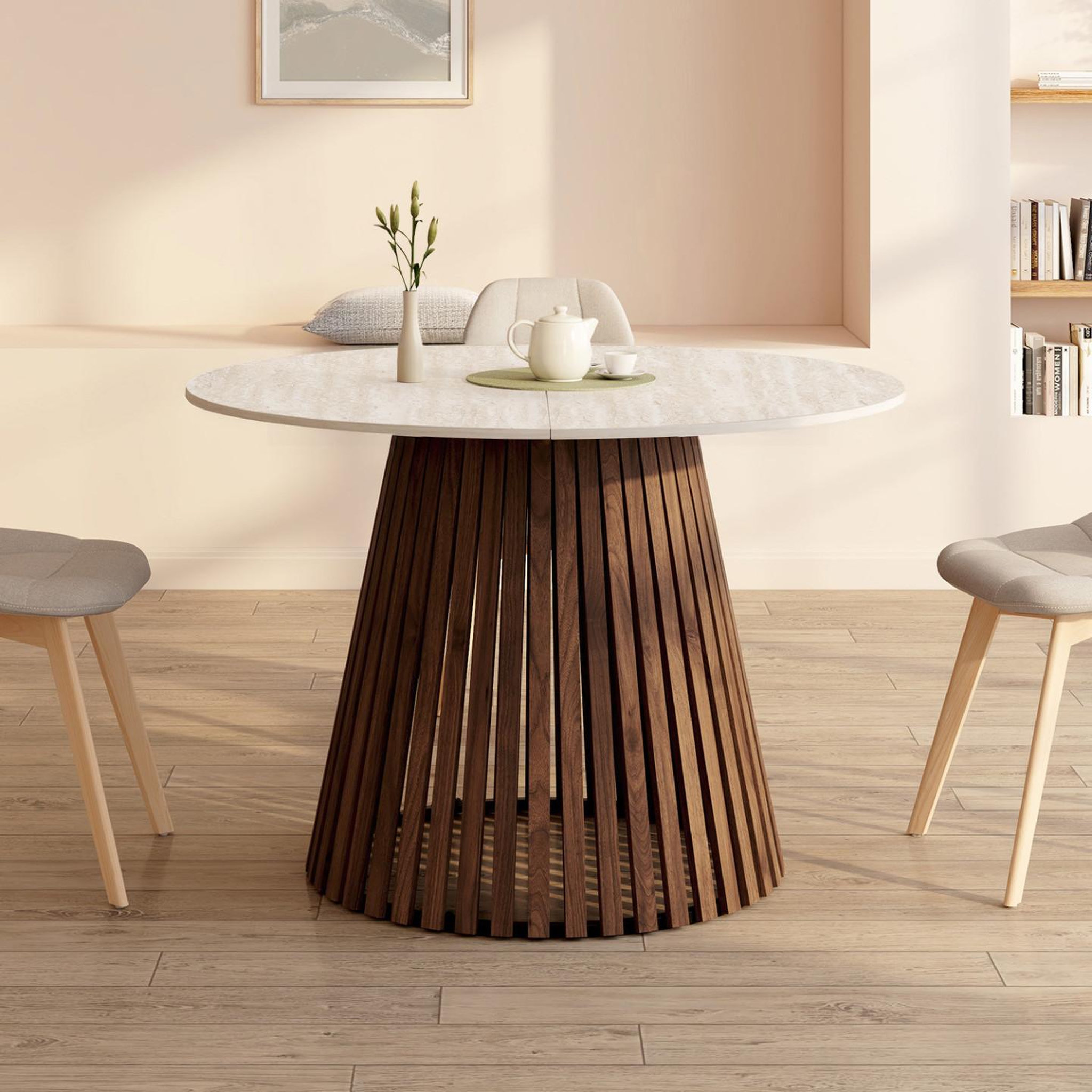 Voir la diapositive 4 : ID MARKET Table à manger extensible ronde carmen 4-8 personnes pied noyer en lattes et plateau effet travertin 110 - 150 cm