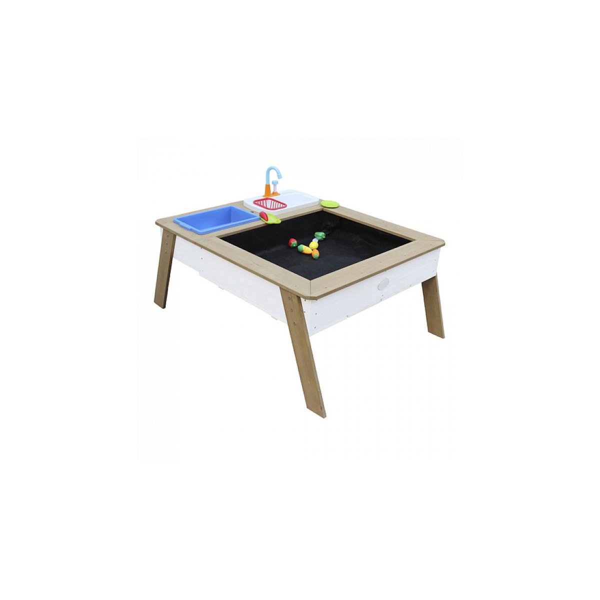 Axi House AXI Linda Table sable et eau avec Cuisine et evier Marron Blanc Parasol Bleu Blanc