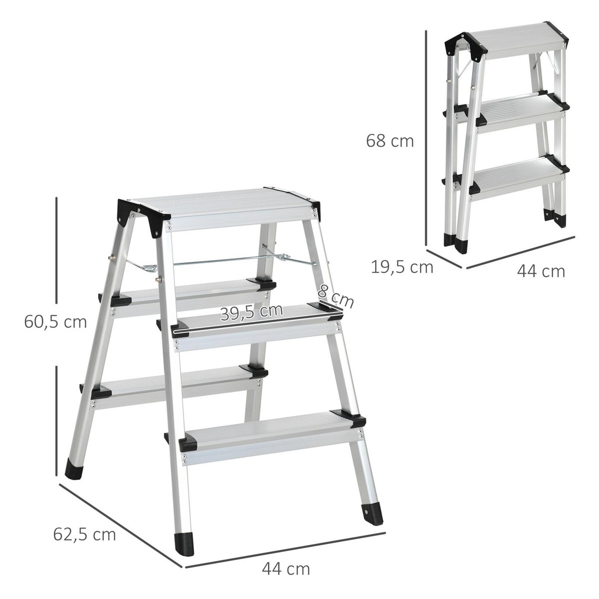 HOMCOM Marchepied escabeau double pliant antidérapant 3 marches hauteur max. 60 cm charge max. 150 Kg acier alu.