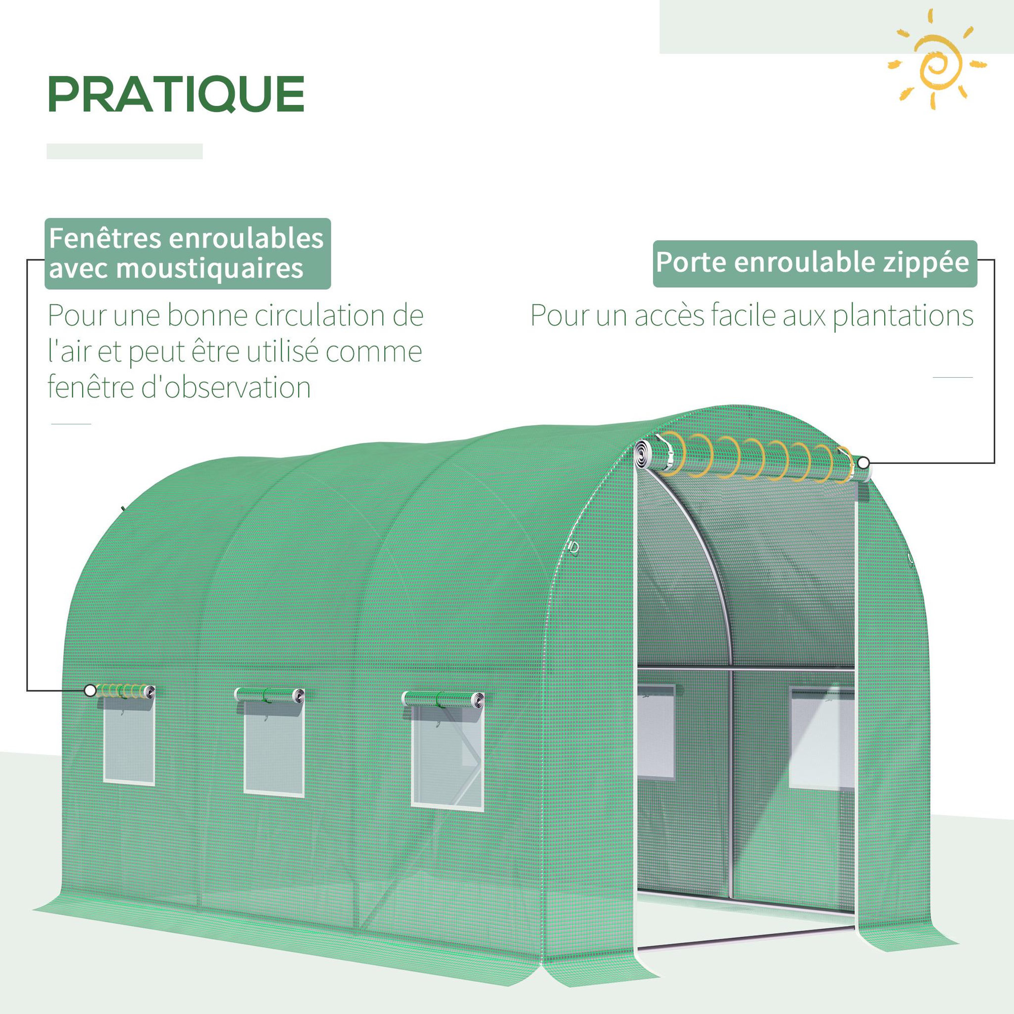 Voir la diapositive 4 : OUTSUNNY Serre de jardin tunnel surface sol 6 m² 3l x 2l x 2h m châssis tubulaire renforcé porte zippée 6 fenêtres enroulables vert