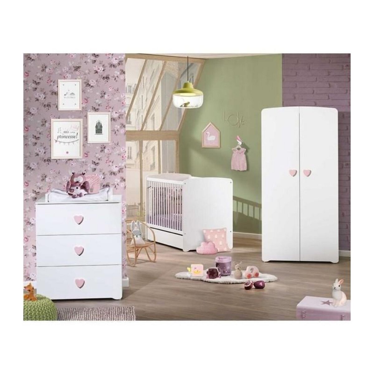 BABY PRICE Chambre bébé trio Basic coeur: lit 120x60, commode a langer et armoire - Babyprice - Blanc
