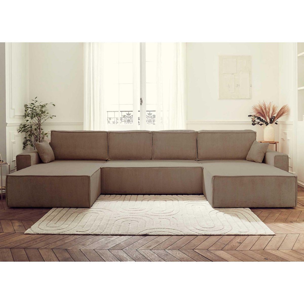 BEST MOBILIER Dellia - canapé panoramique en u - 7 places - convertible - avec coffre - en velours côtelé