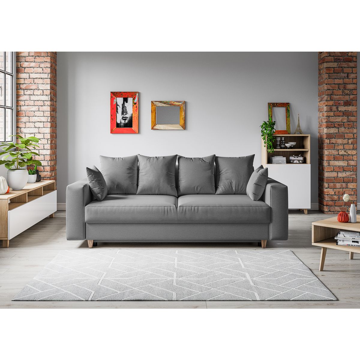 Canapé droit convertible 3 Places avec coffre OLIVIA tissu gris clair 