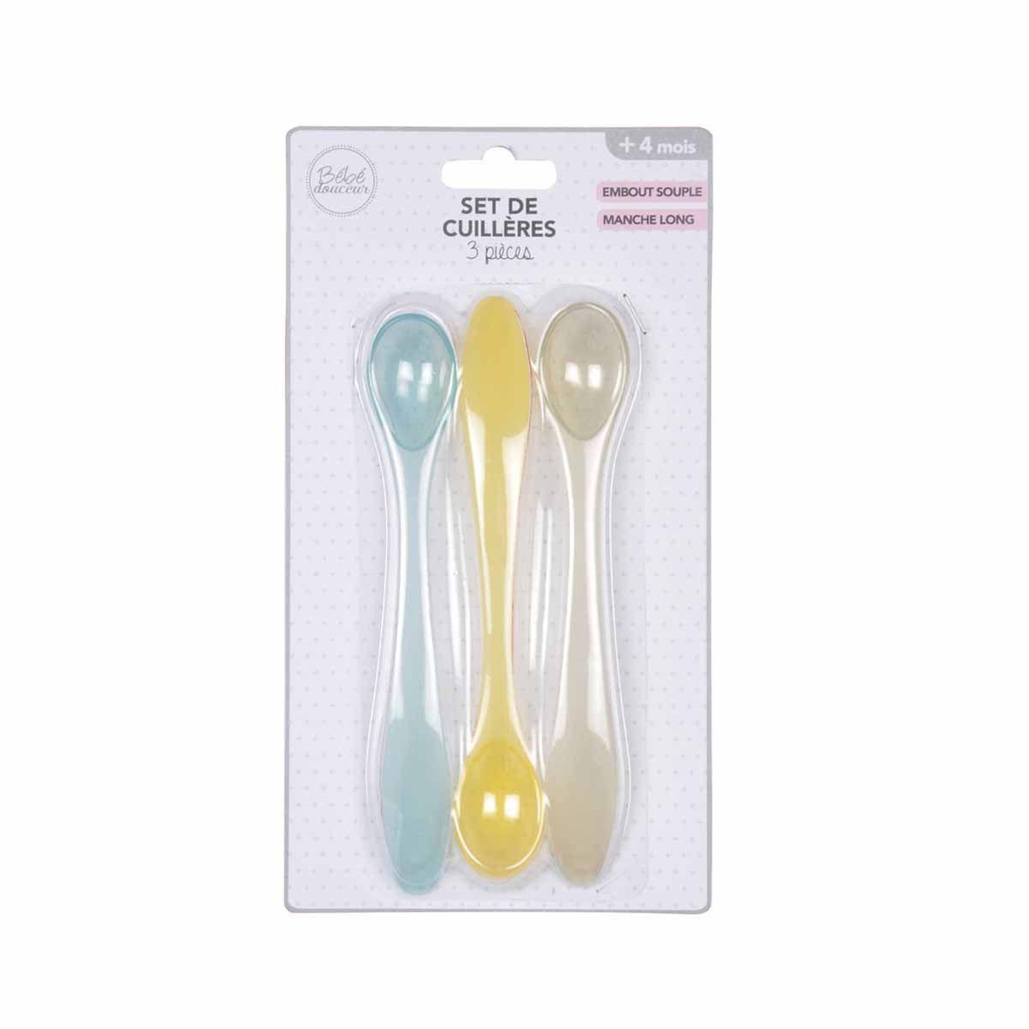 Voir la diapositive 2 : BEBE DOUCEUR Set de 3 cuillères bébé  souple  16cm multicolore