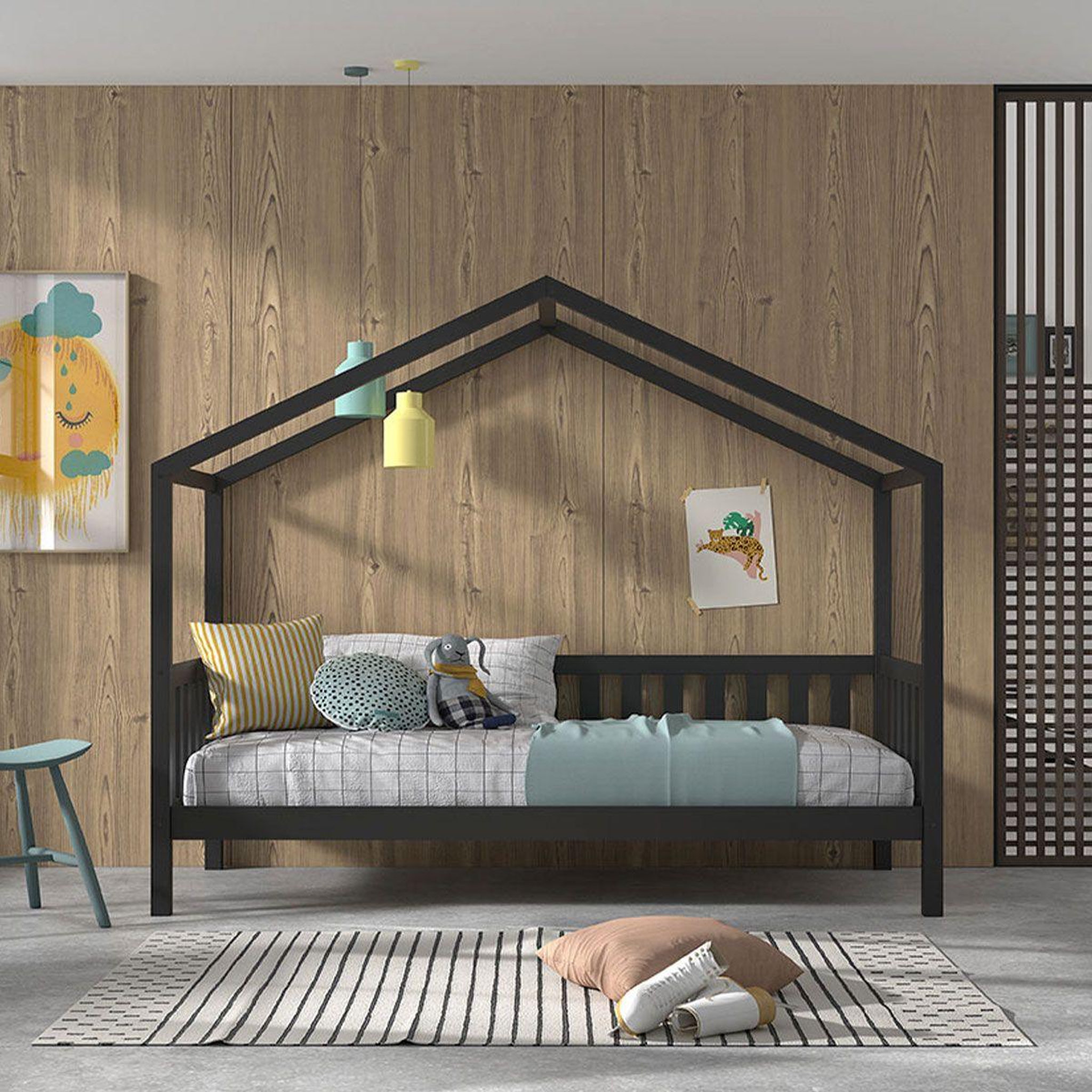 Voir la diapositive 3 : Paris Prix Lit cabane enfant  dallas  90x200cm anthracite