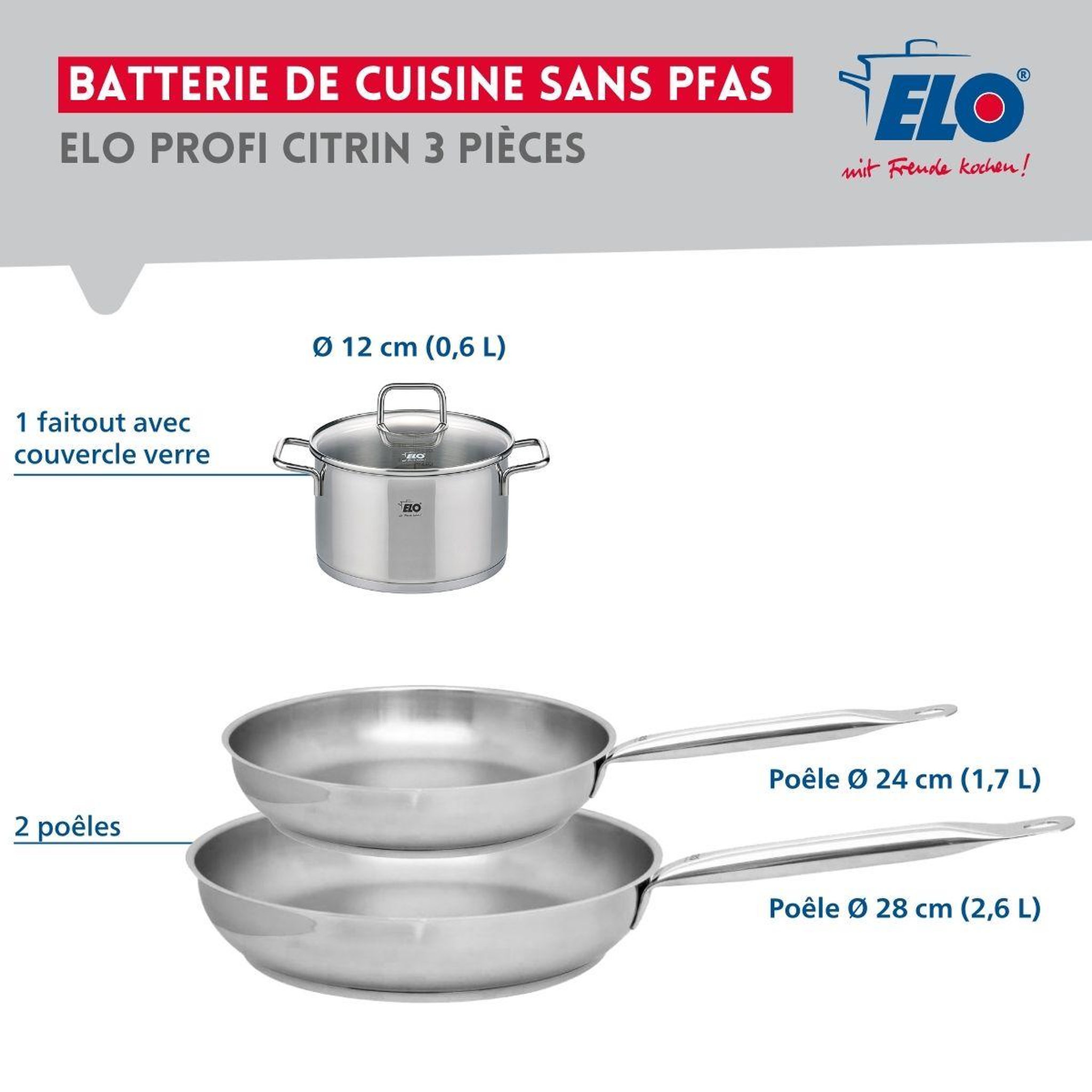 Voir la diapositive 2 : ELO Set de 2 poêles de cuisson 24 et 28 cm et 1 faitout 12 cm elo profi citrin