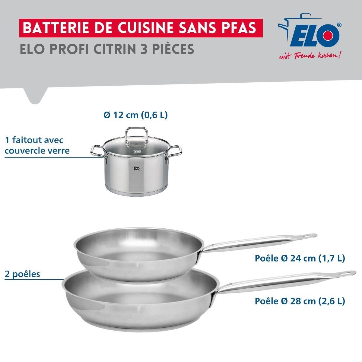ELO Set de 2 Poêles de cuisson 24 et 28 cm et 1 faitout 12 cm Elo Profi Citrin