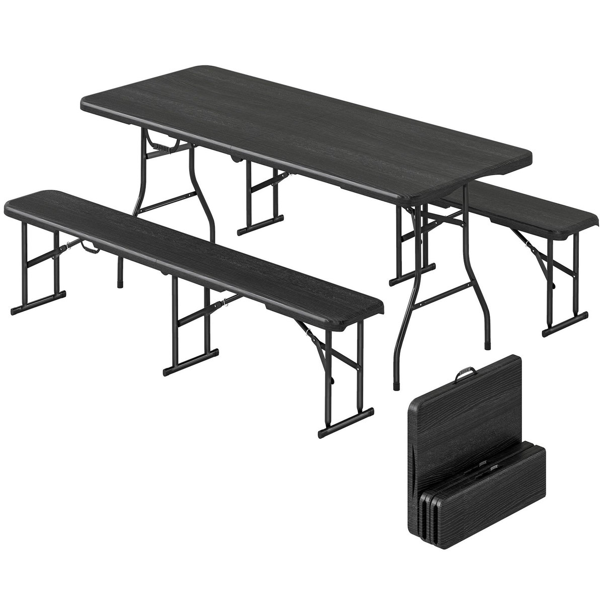 OUTSUNNY Ensemble table 2 bancs pliables avec poignées - usage pique-nique camping - métal époxy HDPE noir