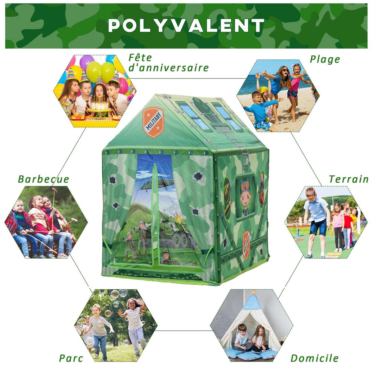 HOMCOM Tente enfant tente de jeu tente militaire dim. 93L x 69l x 103H cm 2 portes polyester vert