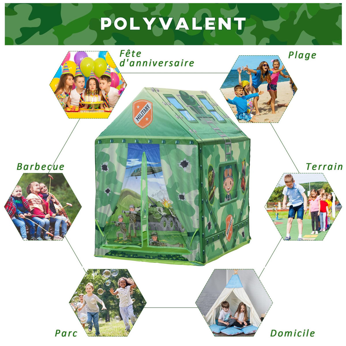 HOMCOM Tente enfant tente de jeu tente militaire dim. 93L x 69l x 103H cm 2 portes polyester vert