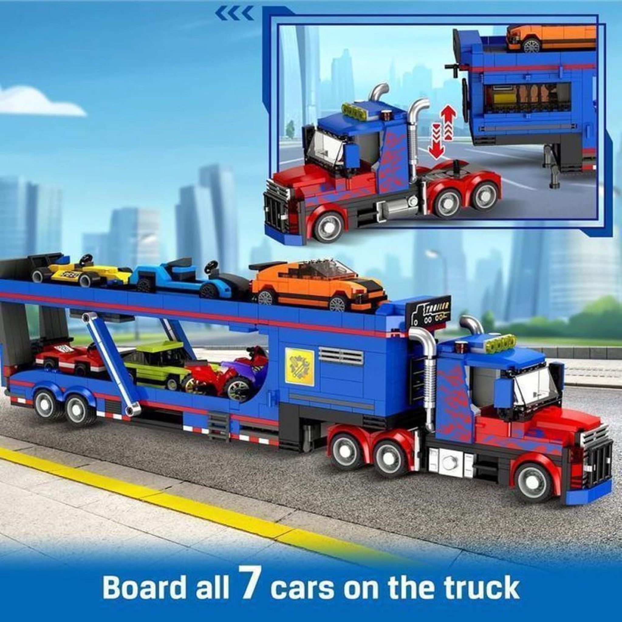 Voir la diapositive 3 : Jeu de construction camion transporteur 1050 pièces avec rampe ajustable, cabines ouvrante et toit amovible, atelier et mini voitures