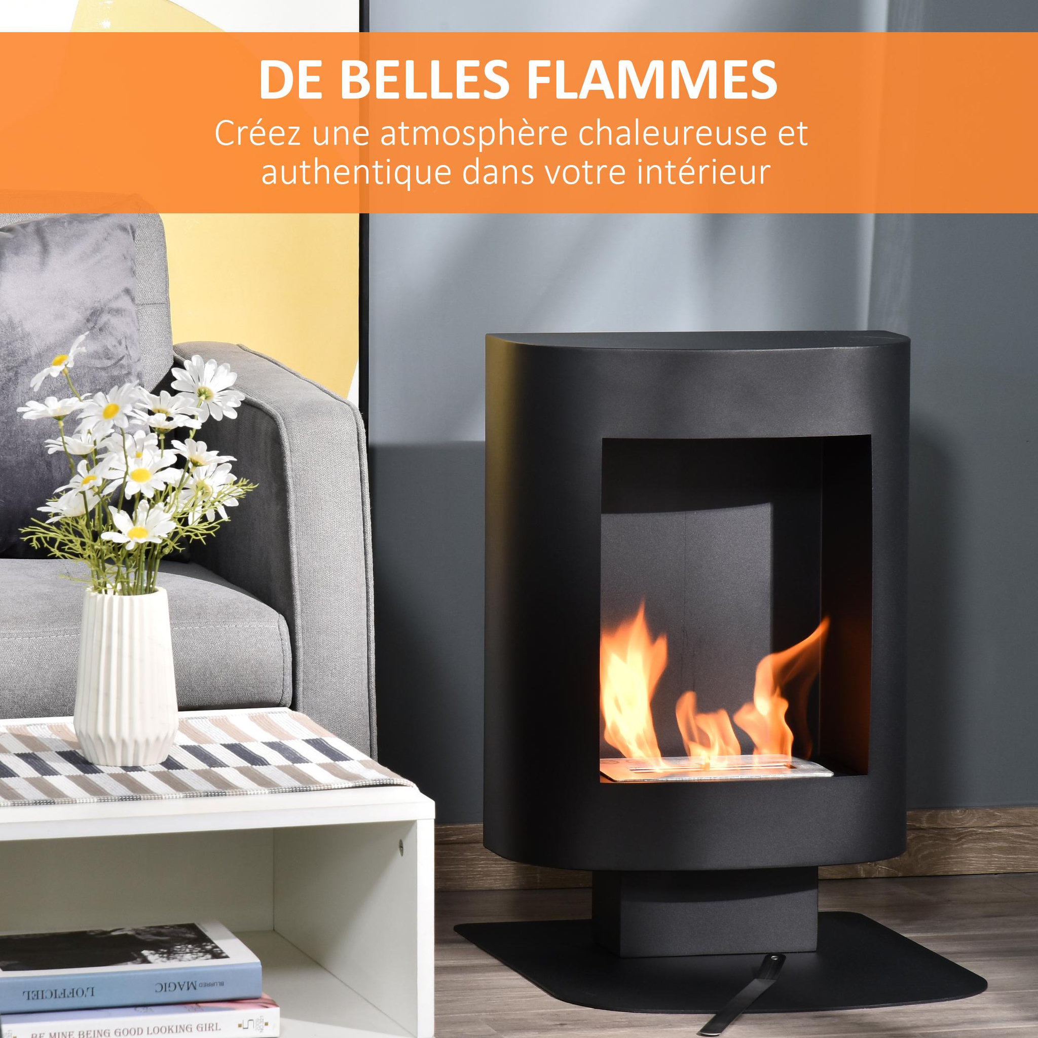 Voir la diapositive 5 : HOMCOM Cheminée bioéthanol sur pied design contemporain - brûleur 1,5 l - contrôle de flamme et manche inclus - acier noir