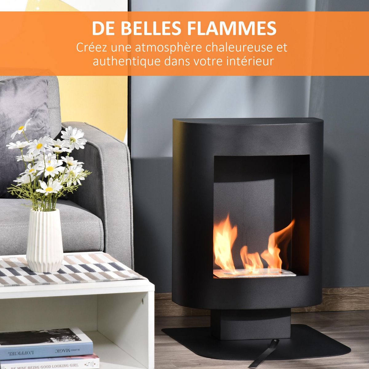 HOMCOM Cheminée bioéthanol sur pied design contemporain - brûleur 1,5 L - contrôle de flamme et manche inclus - acier noir