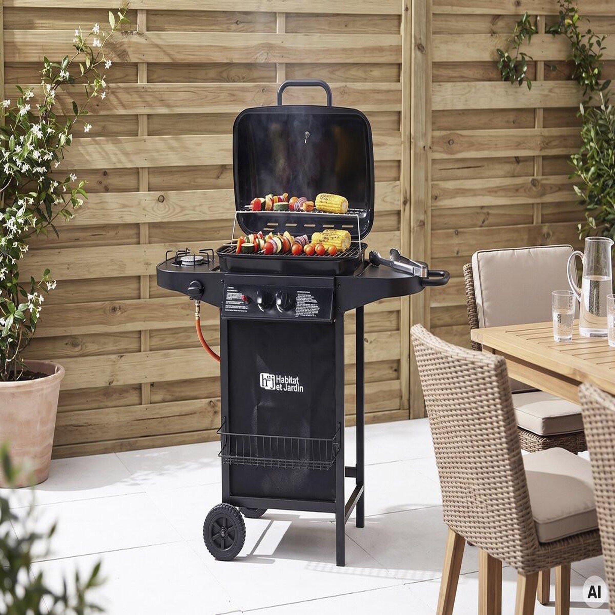 Voir la diapositive 2 : Habitat et Jardin Barbecue gaz  Party 3  - 3 brûleurs dont 1 latéral - 9.38 kW - Noir