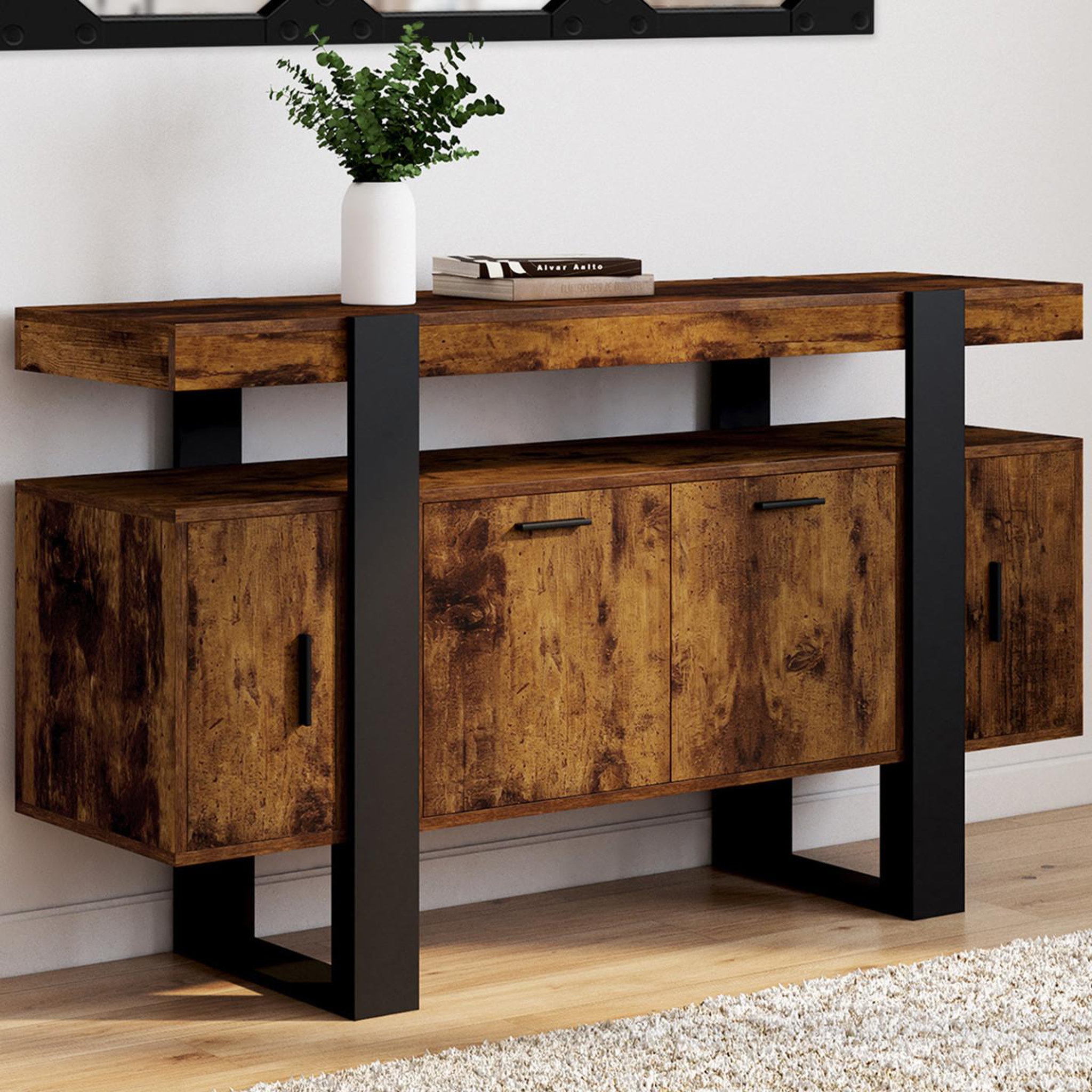 Voir la diapositive 2 : ID MARKET Buffet 140 cm phoenix 4 portes bois effet vieilli et noir