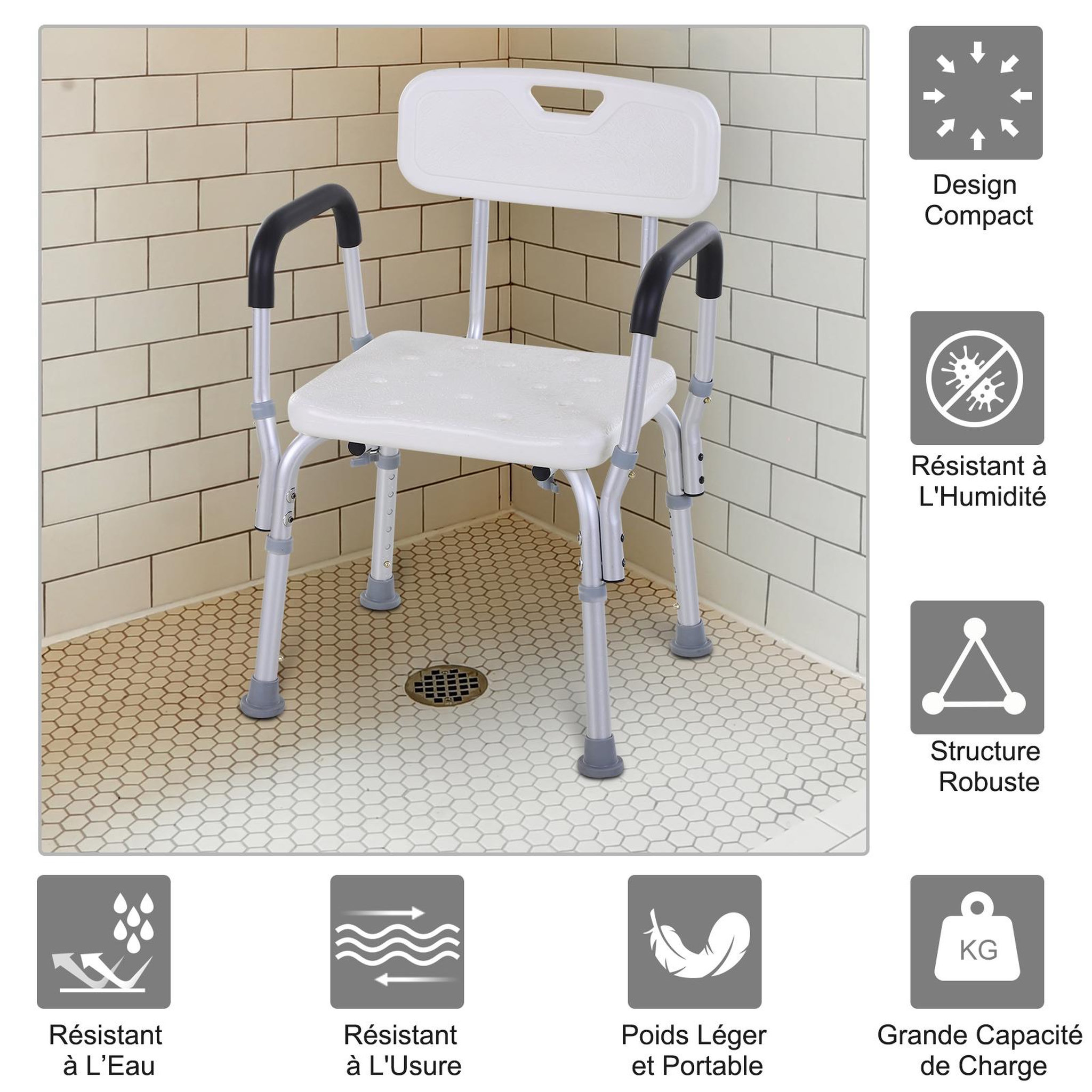 Voir la diapositive 4 : HOMCOM Chaise de douche siège de douche ergonomique hauteur réglable pieds antidérapants charge max. 135 kg alu hdpe blanc