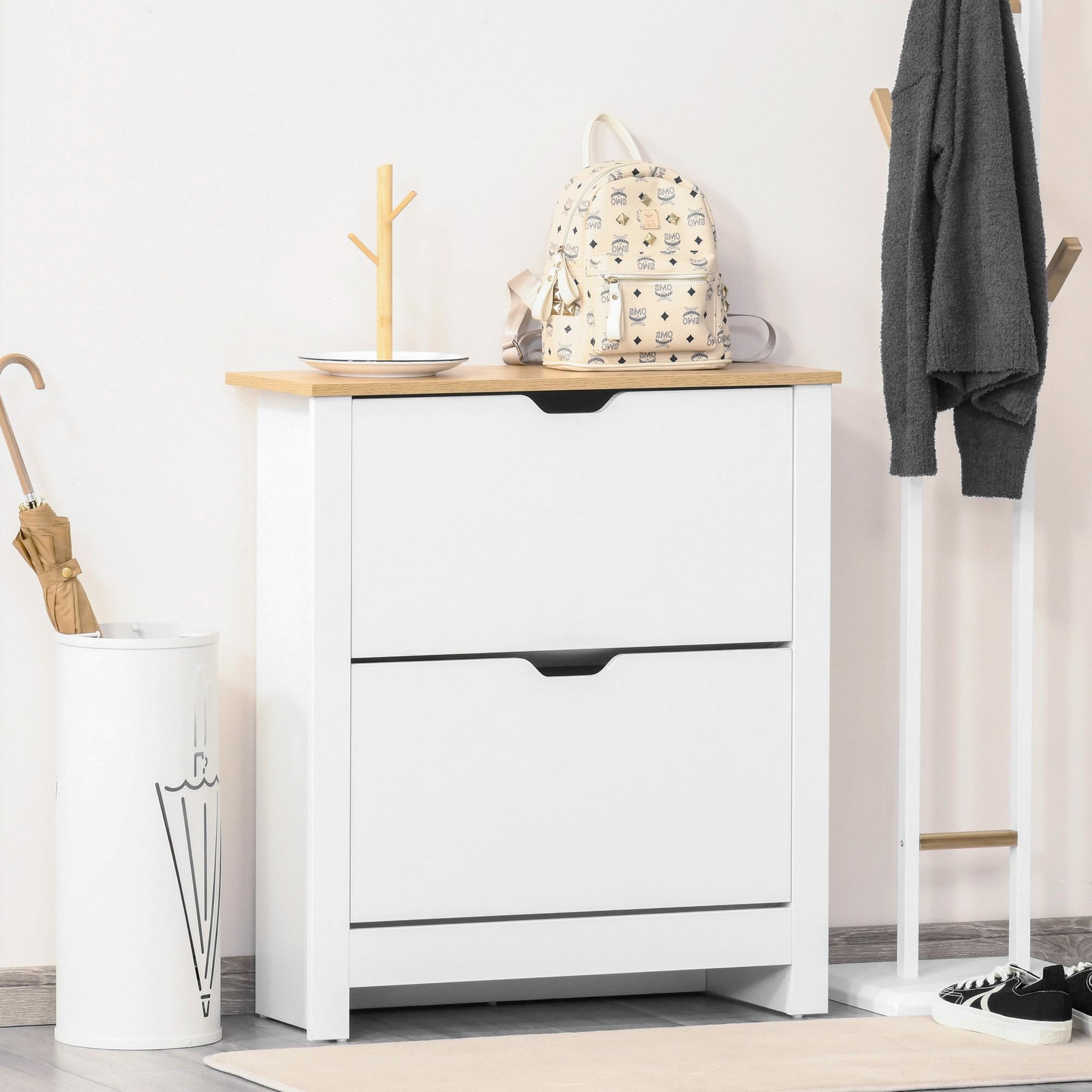 Voir la diapositive 2 : HOMCOM Armoire à chaussures 2 portes abattantes 2 compartiments panneaux particules blanc chêne