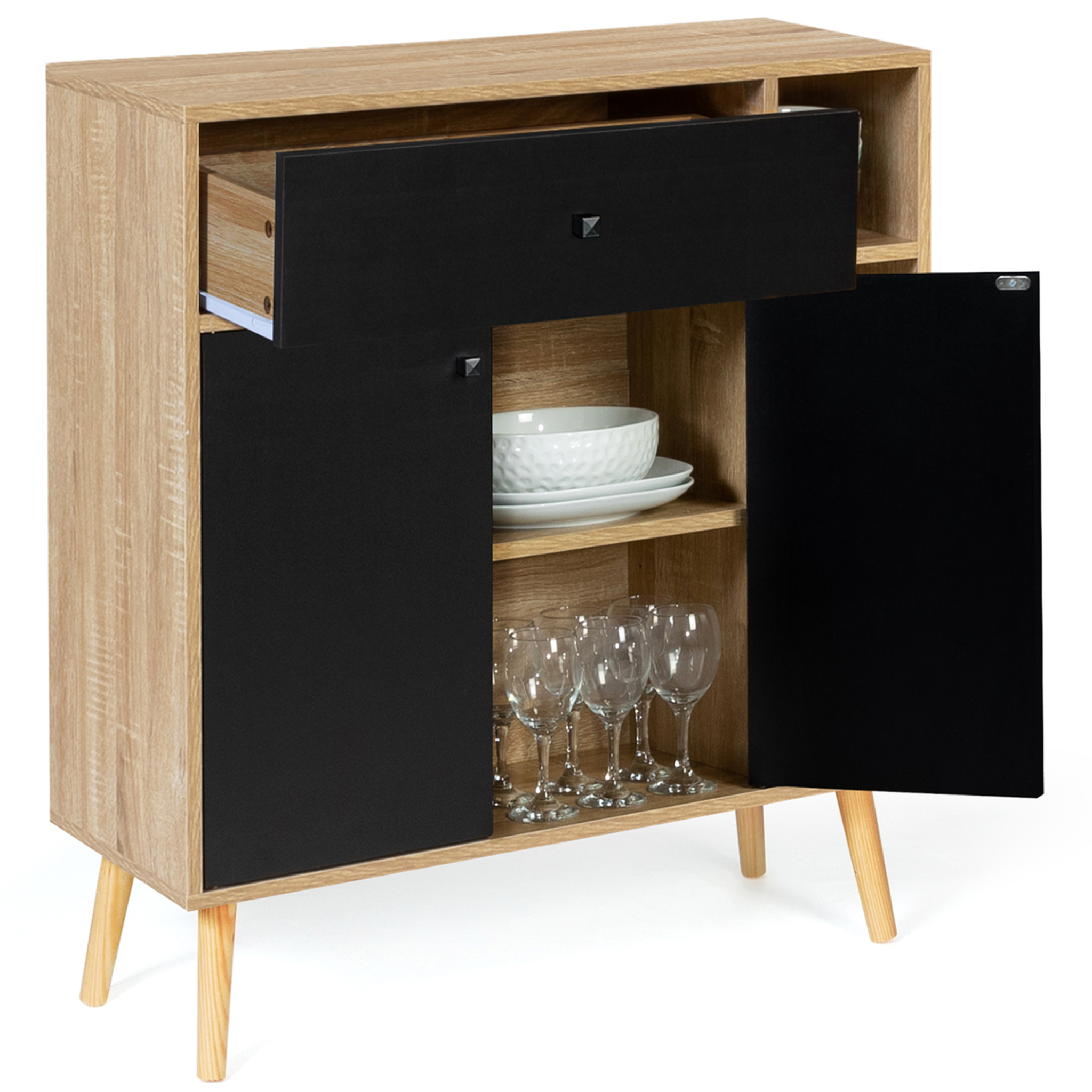 Voir la diapositive 3 : ID MARKET Meuble de rangement emmie scandinave bois et noir avec placard et tiroir