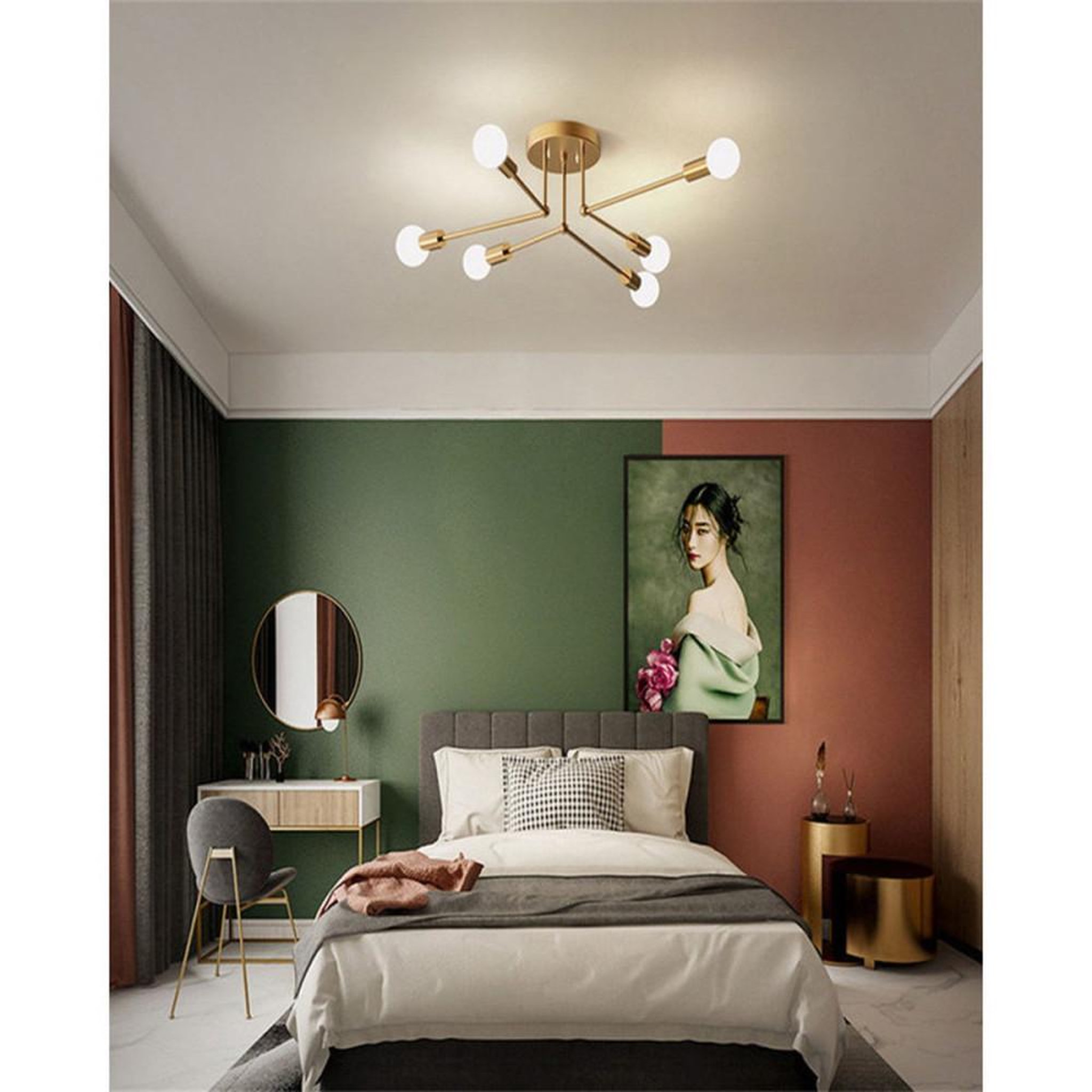 Voir la diapositive 3 : Lustre suspension style nordique moderne 6 lampes à finition dorée, verre transparent, ampoules LED E27