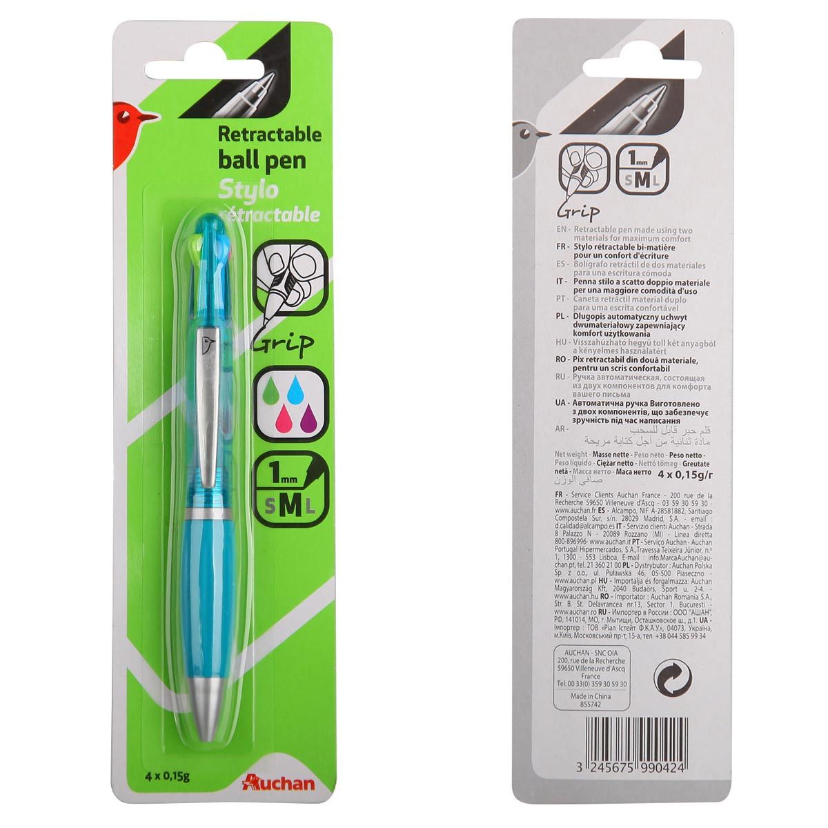 AUCHAN  Stylo bille 4 couleurs réctractables pointe moyenne Bleu