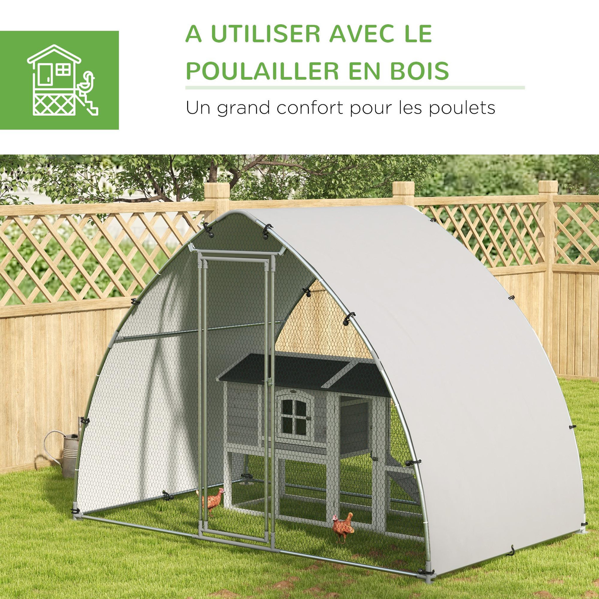 Voir la diapositive 5 : PAWHUT Enclos poulailler chenil 5,75 m² - toit anti-UV, porte verouillable - dim. 3,04L x 1,9l x 2,2H m - acier galvanisé